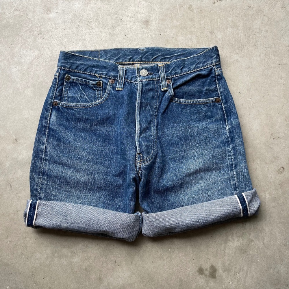 Vintage Levis 501 Big E Selvedge Denim Shorts Indigo Hidden Rivet High Waist 27 - Picture 1 of 10
